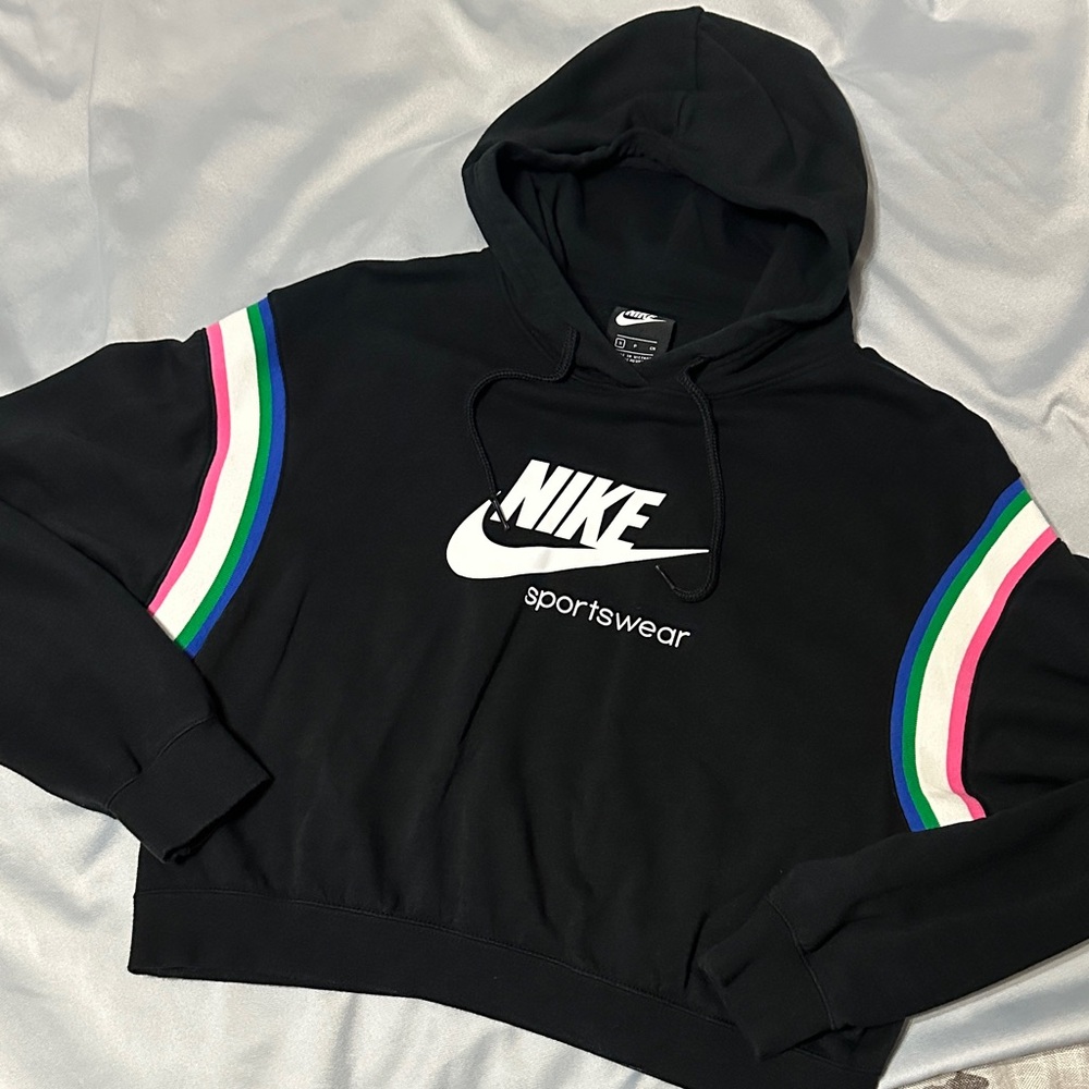 Nike Black Cropped Hoodie with Multicolor sleeve Accents size small